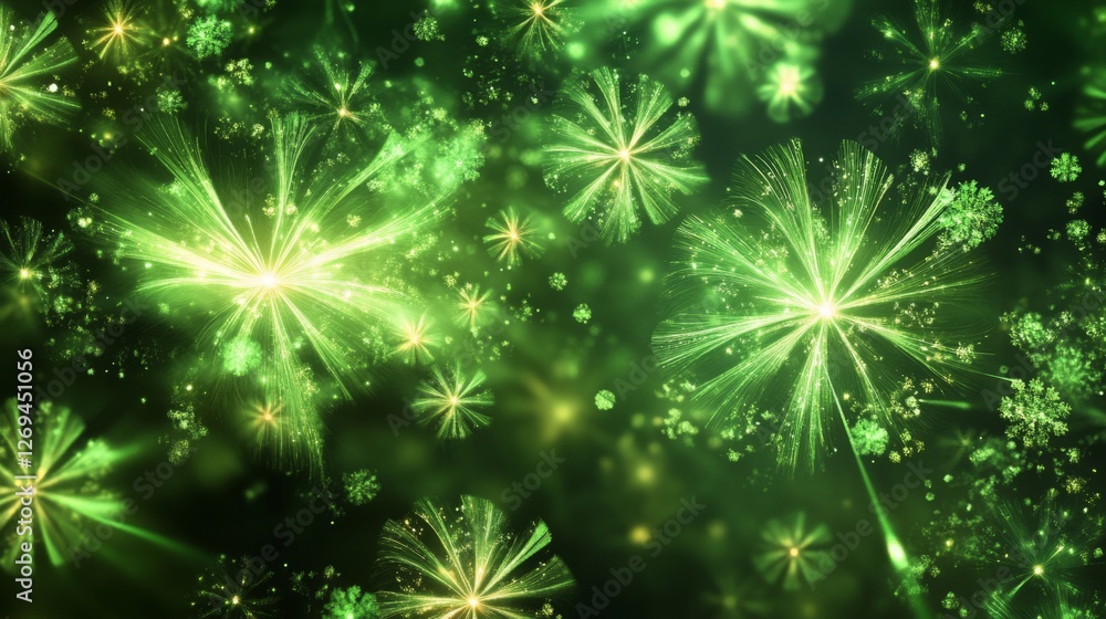 Fototapeta premium Abstract green fireworks with radiant floral patterns in night sky