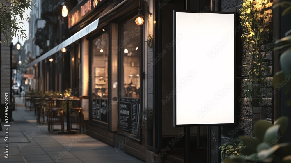 Realistic white paper poster mockup displayed outside restaurant for marketing and business concepts Realistic white paper poster mockup displayed outside restaurant for marketing and business concepts