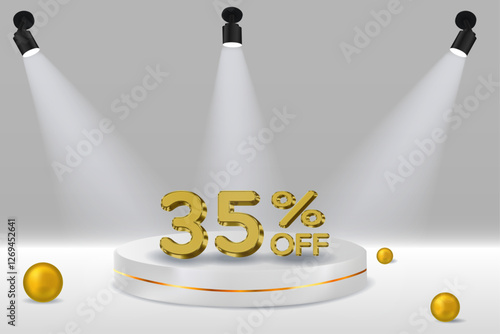 35% discount. 3D realistic golden number. white podium. Golden numbers. Template for products, advertising, web banners, flyers, certificates and postcards. Vector