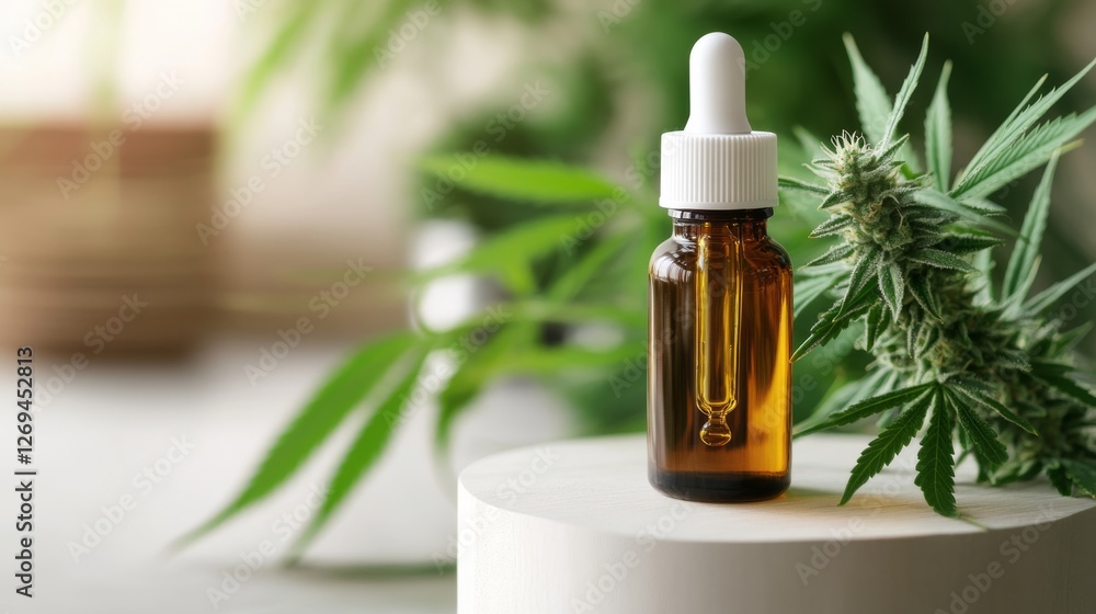 Brown glass dropper bottle with cbd oil on wooden stand surrounded by cannabis leaves and bud Brown glass dropper bottle with cbd oil on wooden stand surrounded by cannabis leaves and bud