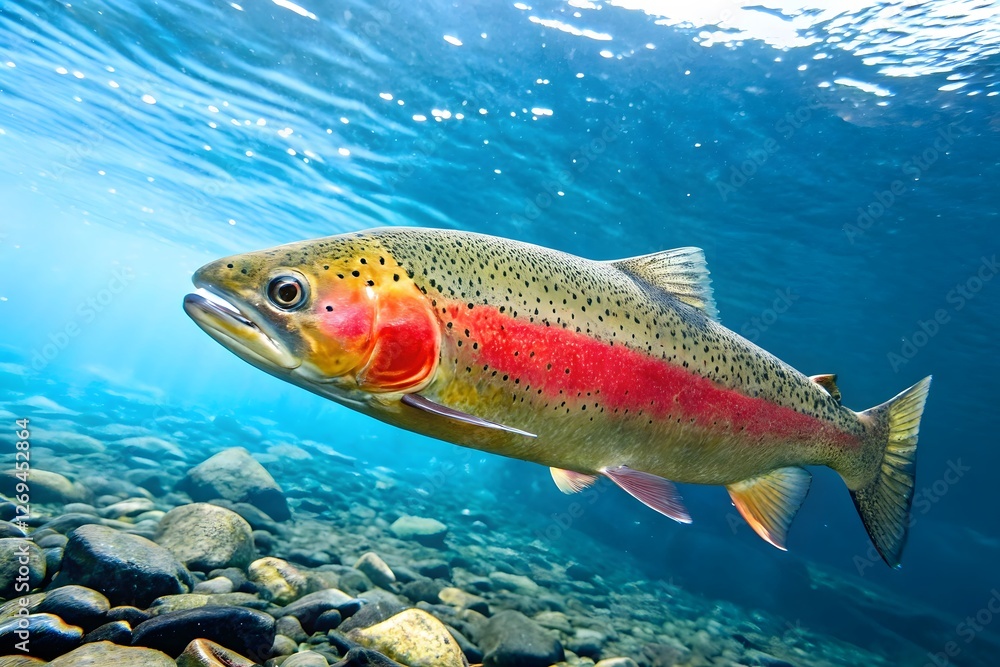 Naklejka premium A vibrant shot of a Rainbow Trout, its shimmering pink stripe and speckled body glistening in clear river water.