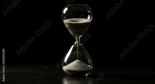 hourglass, sand, time, reflection, black background, minimalist, dramatic lighting, glass, transparent, symbolic, still life, contrast, monochrome, detail, dark mood, artistic, contemplative, time pas