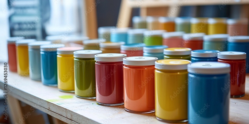 vibrant colorful paint jars displayed on a craft table vibrant colorful paint jars displayed on a craft table