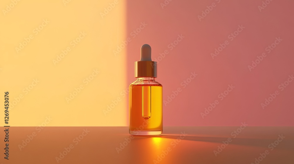 Glass dropper bottle with orange serum on two-toned warm background Glass dropper bottle with orange serum on two-toned warm background