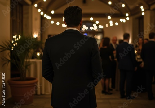 Dark formal event, man in tuxedo from behind, string lights, indoor venue, atmospheric lighting, elegant gathering, blurred background, shallow depth of field, warm tones, cinematic composition, eveni