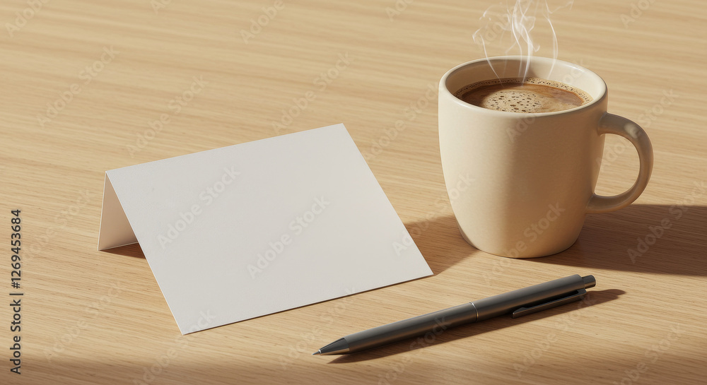 Steaming coffee mug with blank card and pen on wooden table with warm morning light Steaming coffee mug with blank card and pen on wooden table with warm morning light