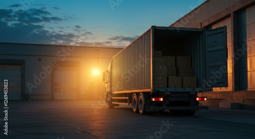 Parked semi truck trailer, industrial warehouse loading dock, golden sunset, dramatic sky, lens flare, silhouette, cinematic lighting, wide-angle shot, logistics concept, transportation industry, dusk