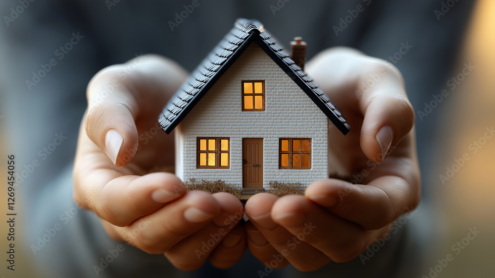 This presents person holding small model house with glowing windows, symbolizing warmth and comfort. hands gently cradle house, emphasizing care and protection This presents person holding small model house with glowing windows, symbolizing warmth and comfort. hands gently cradle house, emphasizing care and protection