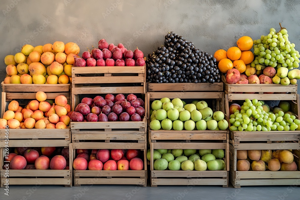Colorful Fresh Fruits in Wooden Crates Colorful Fresh Fruits in Wooden Crates
