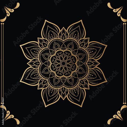 Luxury mandala design black background in gold color