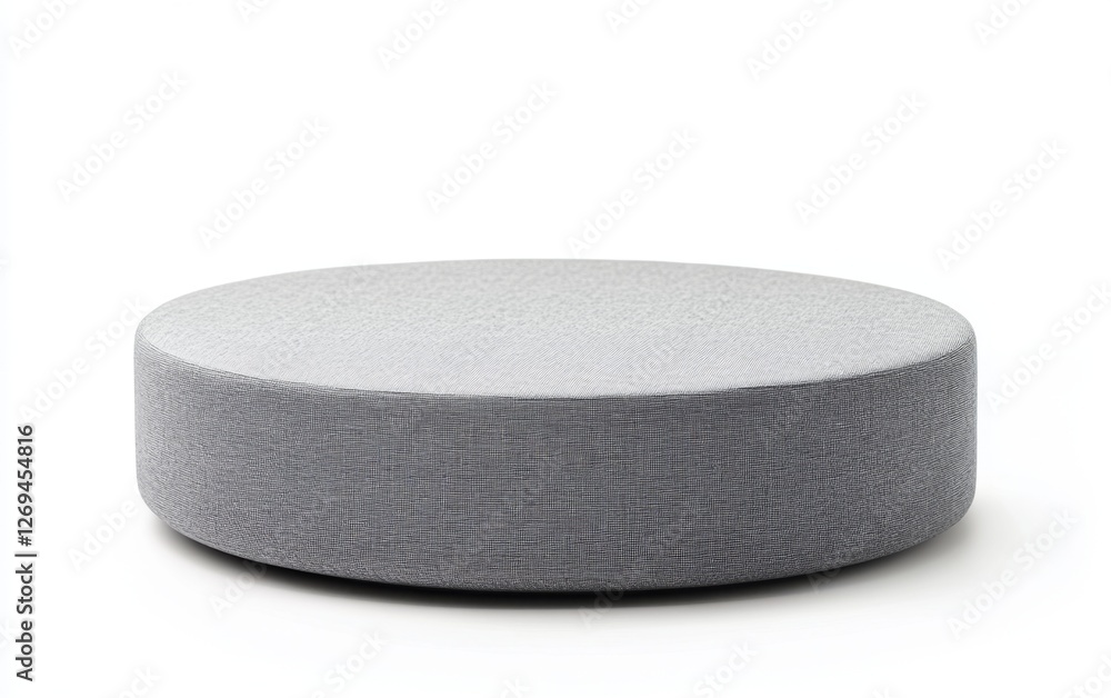 Gray round ottoman, studio shot, simple backdrop, display Gray round ottoman, studio shot, simple backdrop, display
