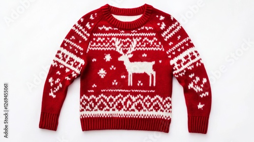 Red christmas sweater with white reindeer and snowflake patterns on white background photo