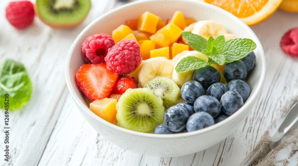 Fresh fruit salad with strawberries, blueberries, and kiwi on a white wooden table Fresh fruit salad with strawberries, blueberries, and kiwi on a white wooden table