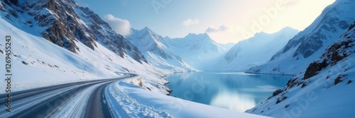 Wallpaper Mural Frosty mountain road winding up a snowy slope, frozen lake, alpine scenery Torontodigital.ca