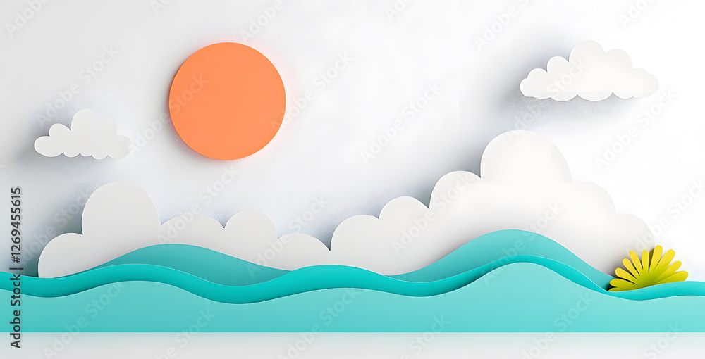 Landscape with mountains and sea waves in paper cut style Landscape with mountains and sea waves in paper cut style
