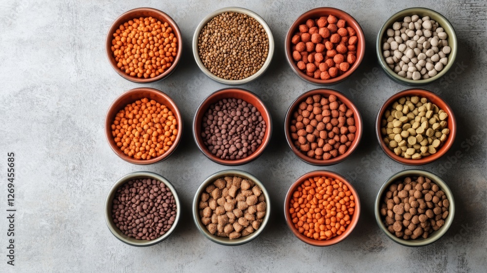 Assorted bowls of dried legumes and seeds arranged on a textured surface Assorted bowls of dried legumes and seeds arranged on a textured surface
