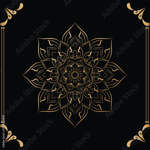 Luxury mandala design black background in gold color