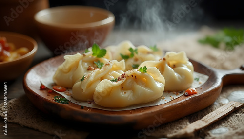 Traditional Buryat dumplings, handmade poses on wooden board, rustic kitchen interior photo