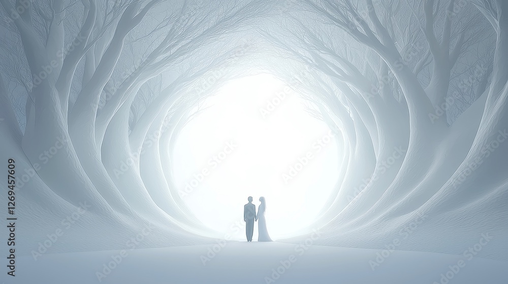 Couple Embracing Nature, a romantic scene featuring a couple gazing into each other's eyes surrounded by intertwined trees in an open, serene environment. Couple Embracing Nature, a romantic scene featuring a couple gazing into each other's eyes surrounded by intertwined trees in an open, serene environment.