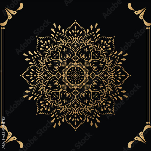 Luxury mandala design black background in gold color