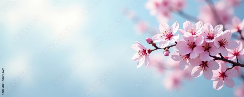 Background with cherry blossoms in a subtle gradient against a light blue sky, soft focus, abstract art Background with cherry blossoms in a subtle gradient against a light blue sky, soft focus, abstract art