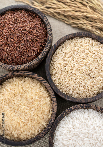 different kinds of asian rice variety grains in rustic setting display in Cambodia