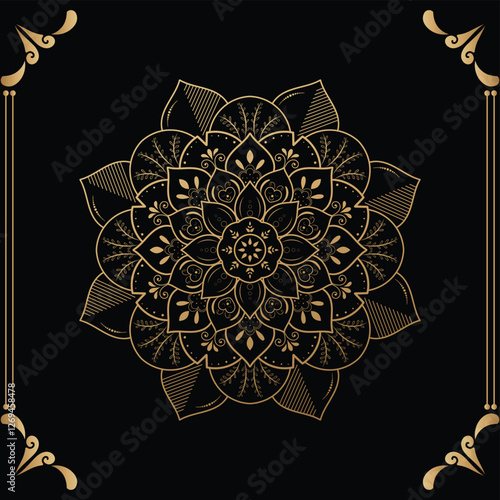 Luxury mandala design black background in gold color