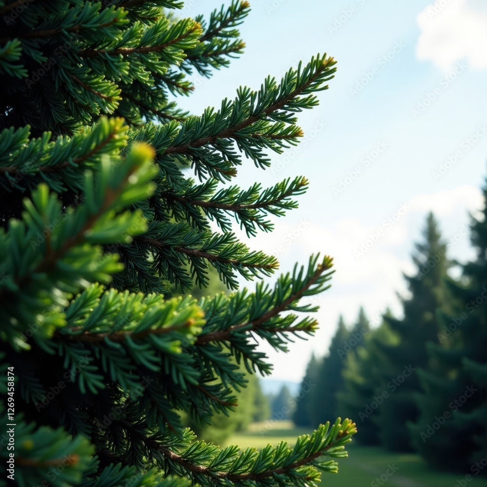 Obraz premium Dark green pines sway gently in the breeze under a sunny sky, leafy, pine, tree