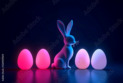  Easter design in a sleek electronic style. Glowing neon Easter eggs and a stylized bunny silhouette on a dark background. Minimalist composition with vibrant colors and soft light effects