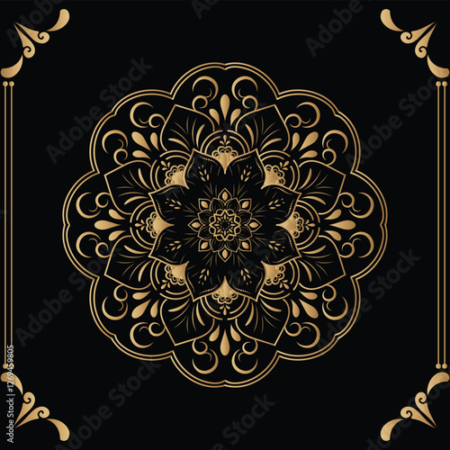 Luxury mandala design black background in gold color
