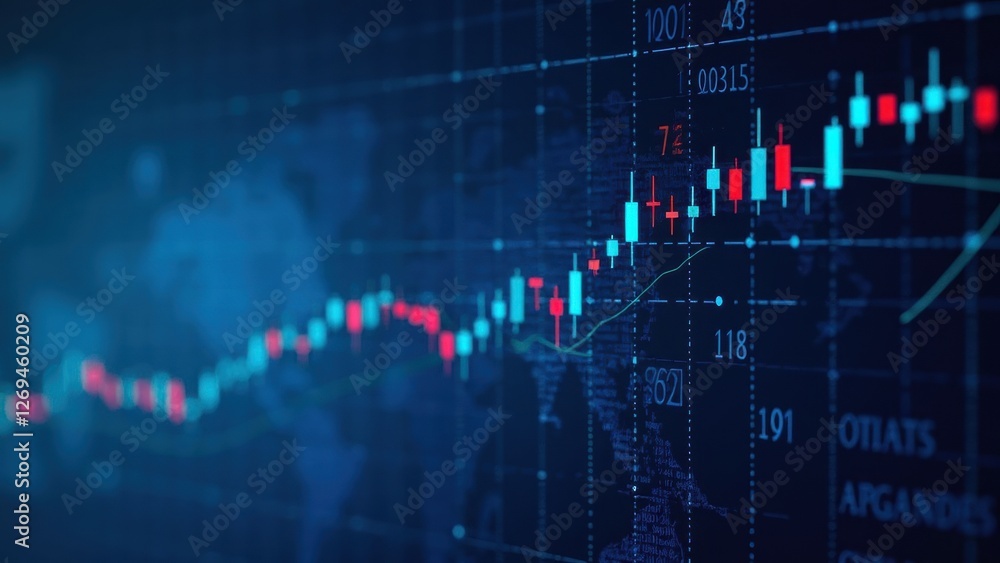 A Candlestick Chart Illustrates Financial Trading Patterns on a Deep Blue Digital Backdrop A Candlestick Chart Illustrates Financial Trading Patterns on a Deep Blue Digital Backdrop