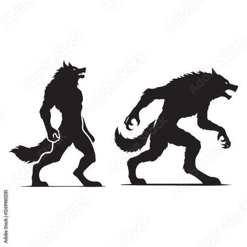 Werewolf silhouette, a night stalker of ancient legends - Werewolf illustration - Minimalist Werewolf vector - Mythical creature silhouette
