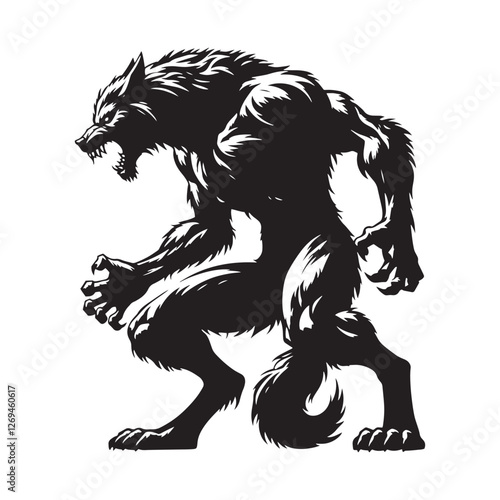 Fierce Werewolf silhouette in a battle-ready pose - Werewolf illustration - Minimalist Werewolf vector - Mythical creature silhouette
