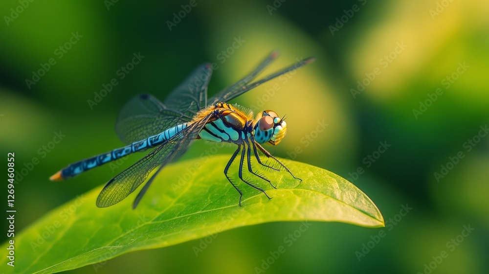 Vibrant dragonfly resting on leaf in natural habitat Vibrant dragonfly resting on leaf in natural habitat
