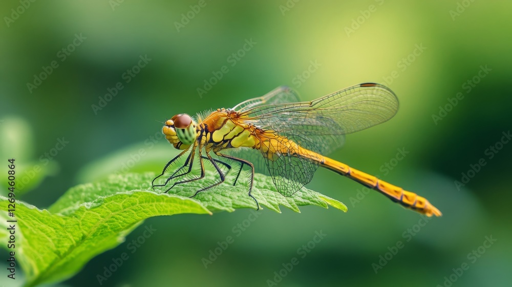 Vibrant orange dragonfly resting on green leaf with blurred background Vibrant orange dragonfly resting on green leaf with blurred background