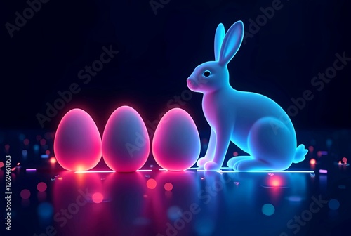  Easter design in a sleek electronic style. Glowing neon Easter eggs and a stylized bunny silhouette on a dark background. Minimalist composition with vibrant colors and soft light effects