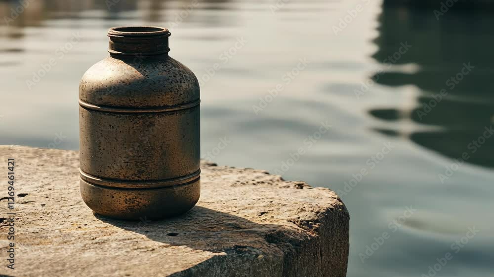 Water container rests on stone ledge beside calm water in serene setting during daylight hours Water container rests on stone ledge beside calm water in serene setting during daylight hours