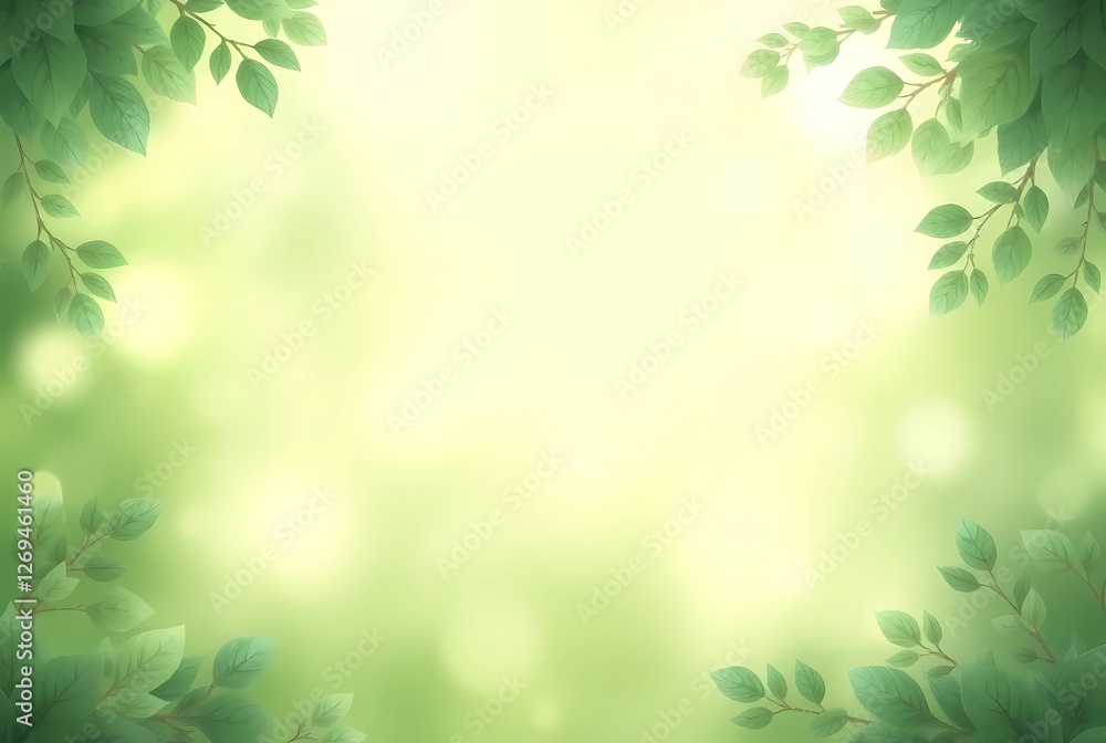 Natural blurred background with soft green tones and frame with colorful leaves. Sunlight shines through the foliage, peaceful and refreshing atmosphere. Natural blurred background with soft green tones and frame with colorful leaves. Sunlight shines through the foliage, peaceful and refreshing atmosphere.
