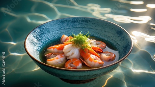 A beautifully arranged bowl of seafood with shrimp and garnish, resting in tranquil water, reflecting soft sunlight