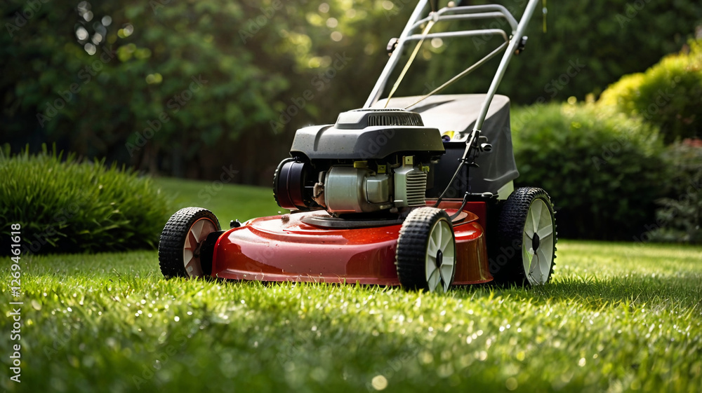Fototapeta premium Lawn mower on bright grass. Mowing the grass early in the morning.