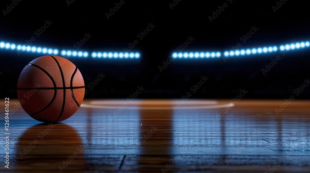 Obraz premium A basketball rests on the court floor, illuminated by bright arena lights.