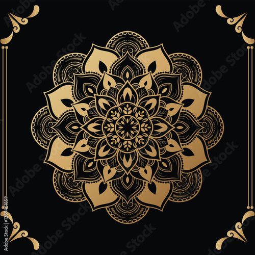 Luxury mandala design black background in gold color