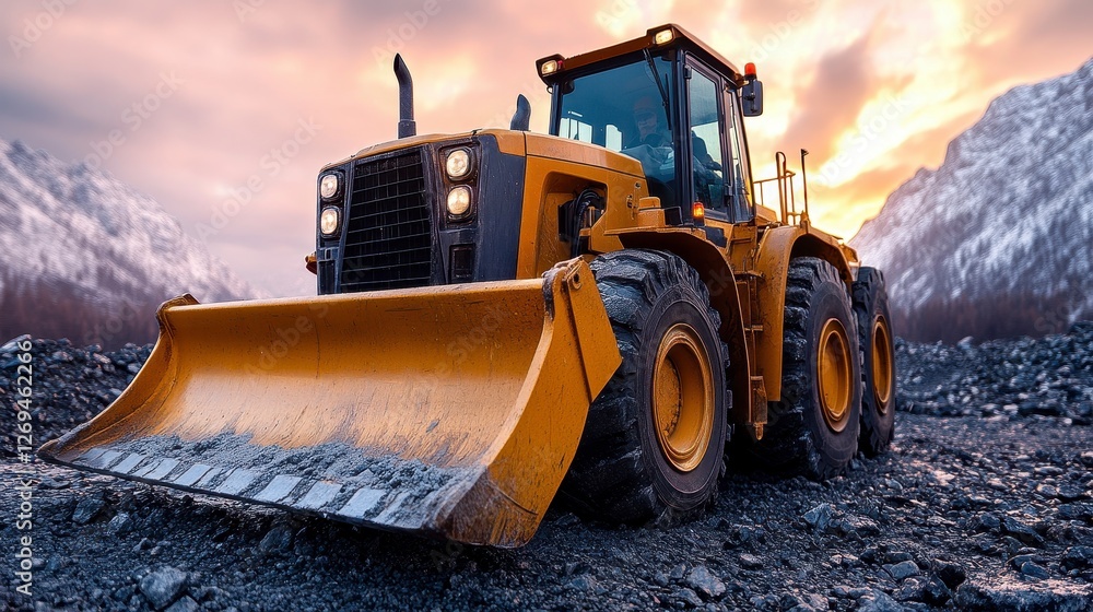 Yellow bulldozer working in mountain quarry at sunset Yellow bulldozer working in mountain quarry at sunset