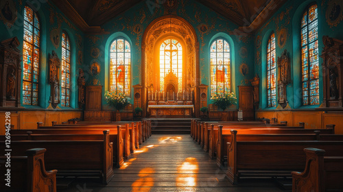 Interior of a historic Christian chapel, with intricately carved wooden pews and a glowing altar photo