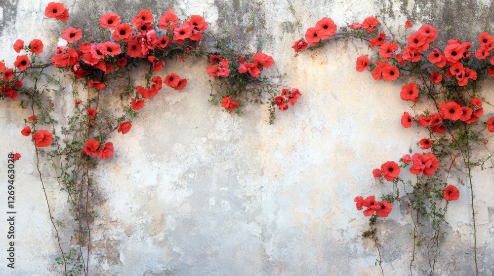 Fototapeta premium Heart-shaped red poppies on weathered wall with climbing vines