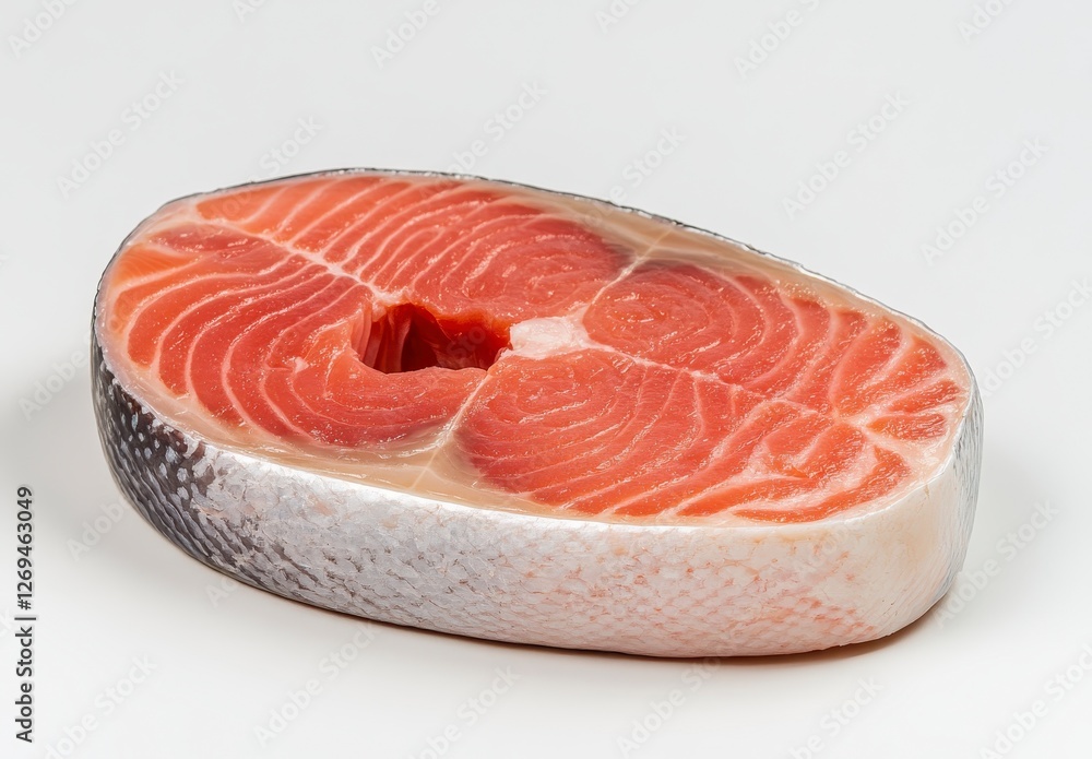 Close up view of a raw fish fillet, showcasing its rich orange pink color and distinct texture. The fillet is presented on a plain white background Close up view of a raw fish fillet, showcasing its rich orange pink color and distinct texture. The fillet is presented on a plain white background