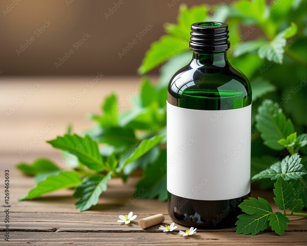 A dark glass bottle sits on a wooden surface, surrounded by fresh greenery and flowers, featuring a blank label for customization. A dark glass bottle sits on a wooden surface, surrounded by fresh greenery and flowers, featuring a blank label for customization.