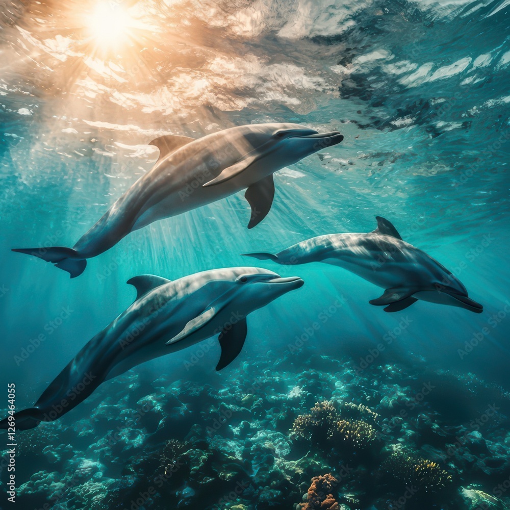 Fototapeta premium Three dolphins swim gracefully in clear blue waters, illuminated by sunlight, surrounded by vibrant coral reefs.
