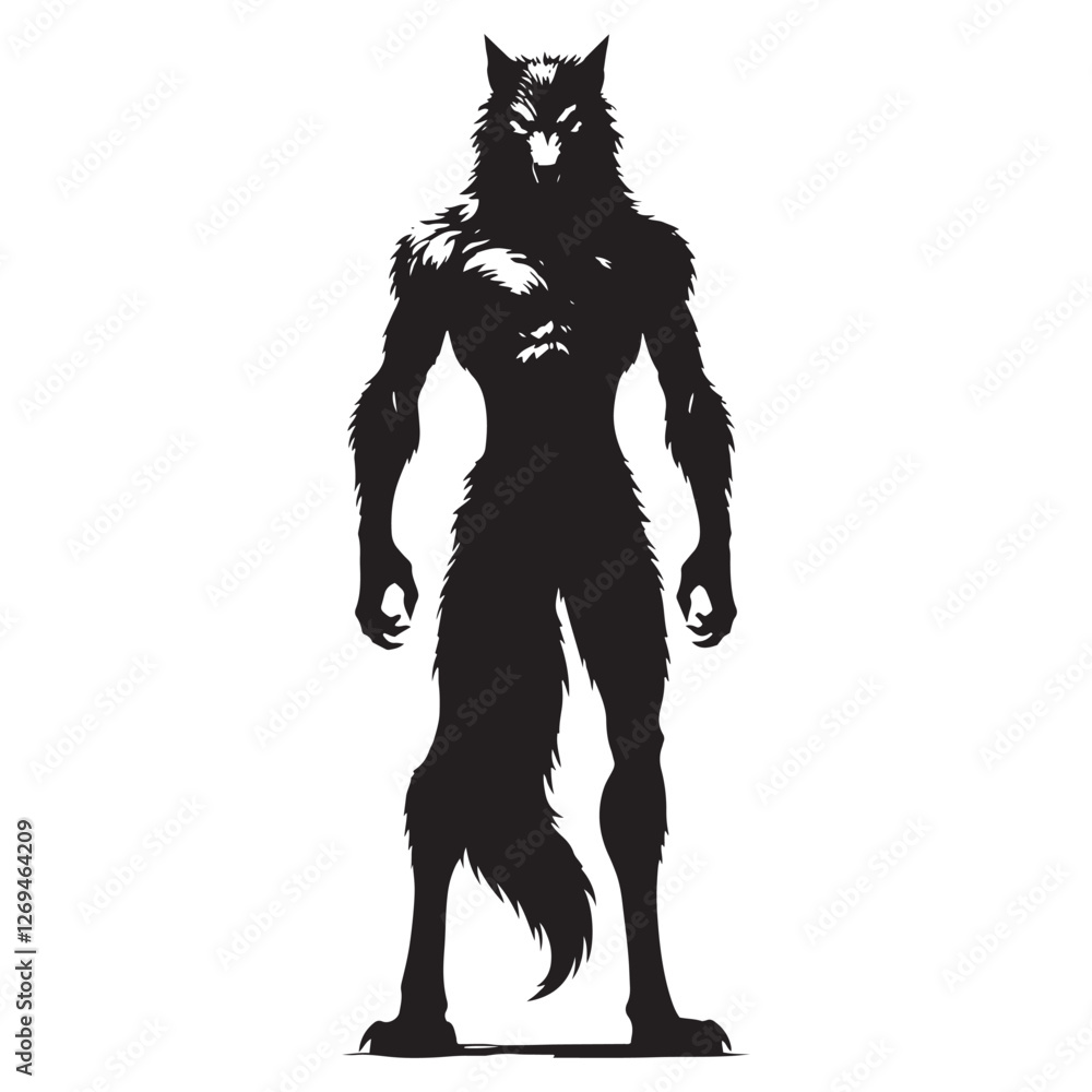 Fototapeta premium Werewolf silhouette growling with glowing eyes - Werewolf illustration - Minimalist Werewolf vector - Mythical creature silhouette 