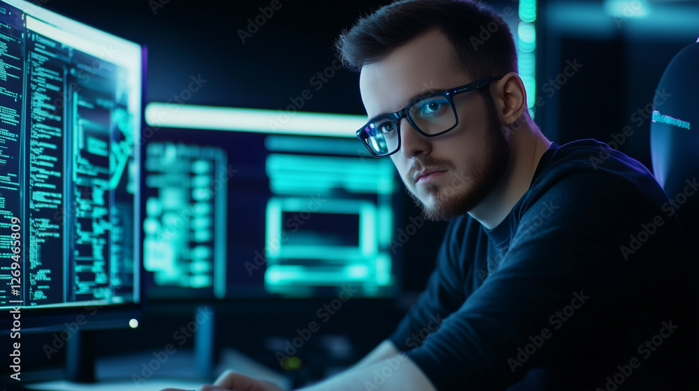 A digital hacker sits in front of a high-tech workstation, deep in thought, with neon reflections glowing on their glasses. A moody, cyber-themed concept for tech and security visuals. A digital hacker sits in front of a high-tech workstation, deep in thought, with neon reflections glowing on their glasses. A moody, cyber-themed concept for tech and security visuals.